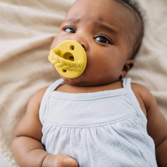 Sweetie Soother Pacifier Set of 2 - Silicone Newborn Pacifiers with Collapsible Handle & Two Air Holes for Added Safety; Set of 2 in Dark Gray & Yellow, Ages Newborn & Up