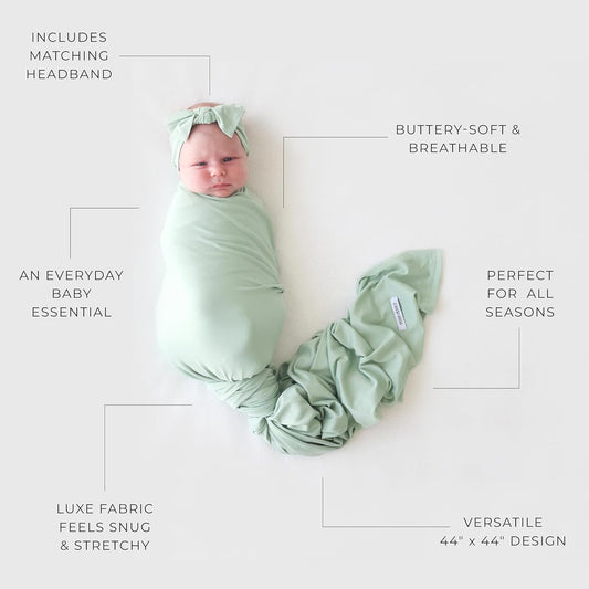 Swaddle Blanket & Headband Set – Viscose from Bamboo Stretchy Baby Swaddle for Newborn Girls, Receiving Blanket or Nursing Cover (Sage)