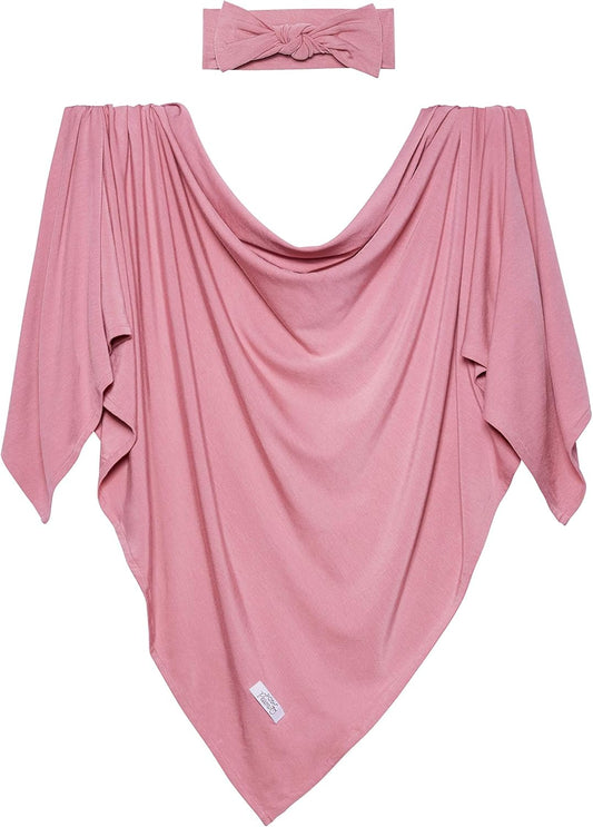 Swaddle Blanket & Headband Set – Viscose from Bamboo Stretchy Baby Swaddle for Newborn Girls, Receiving Blanket or Nursing Cover