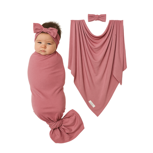 Dusky Rose Bamboo Baby Swaddle & Headband Set| Soft Stretchy Newborn Wrap Blanket