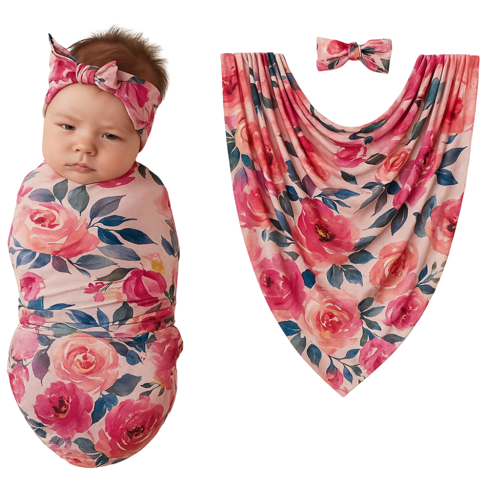 Floral Bamboo Baby Swaddle &amp; Headband Set| Soft Stretchy Newborn Wrap Blanket