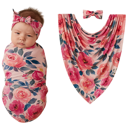 Floral Bamboo Baby Swaddle &amp; Headband Set| Soft Stretchy Newborn Wrap Blanket