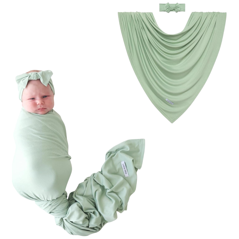 Sage Bamboo Baby Swaddle & Headband Set| Soft Stretchy Newborn Wrap Blanket