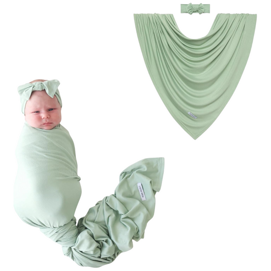 Sage Bamboo Baby Swaddle & Headband Set| Soft Stretchy Newborn Wrap Blanket