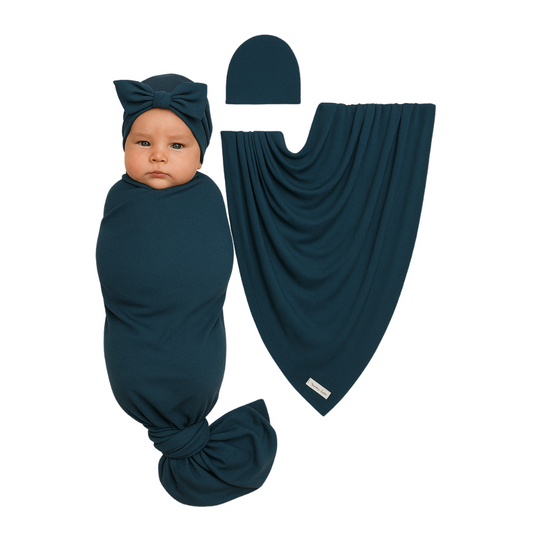 Sailor Blue Bamboo Baby Swaddle & Headband Set| Soft Stretchy Newborn Wrap Blanket