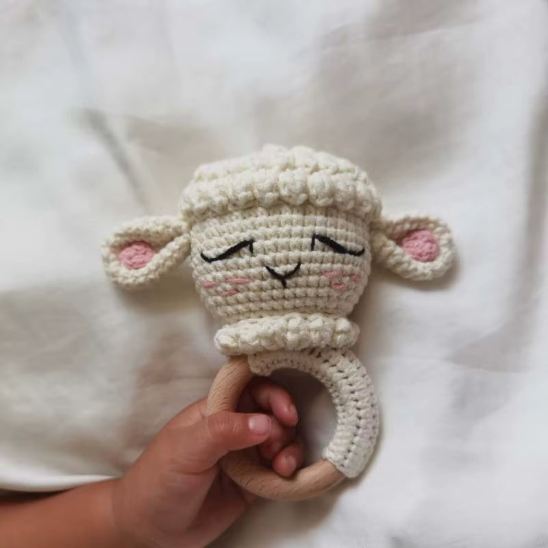 Crochet Sheep Rabbite Toy Set Comfort Towel Baby Rattle Biting Ring Handmade Baby Teething Ring Stuffed Plush Toys Gifts