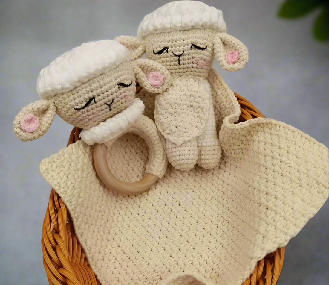 Crochet Sheep Rabbite Toy Set Comfort Towel Baby Rattle Biting Ring Handmade Baby Teething Ring Stuffed Plush Toys Gifts