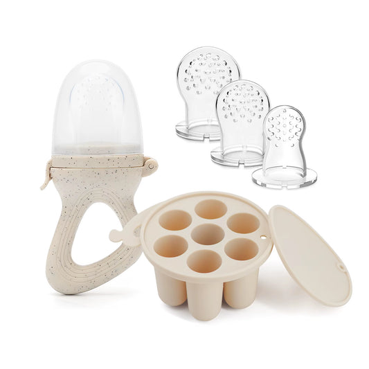Baby Fruit Feeder Teether Pacifier with Baby Food Freezer Tray Set Silicone Freezable Teether for Fruit Purees Self Feeding