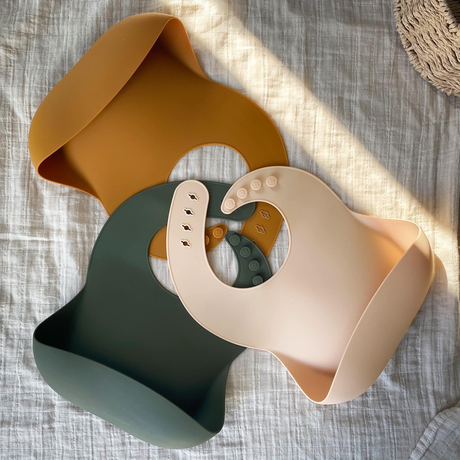 Silicone Bibs Set of 3, BPA Free Soft Adjustable Fit Waterproof Feeding Bibs for Babies and Toddlers(Cream/Buck/Olive Green)