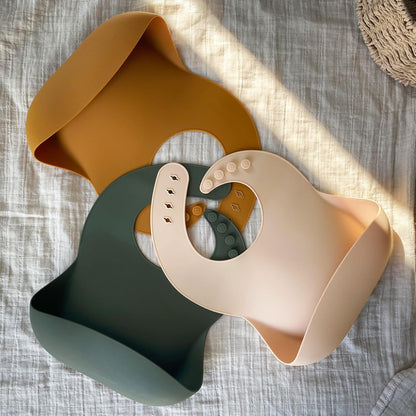Silicone Bibs Set of 3, BPA Free Soft Adjustable Fit Waterproof Feeding Bibs for Babies and Toddlers(Cream/Buck/Olive Green)