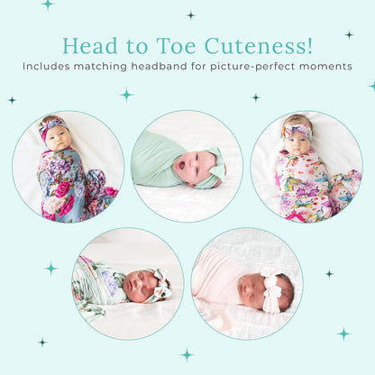 Swaddle Blanket & Headband Set – Viscose from Bamboo Stretchy Baby Swaddle for Newborn Girls, Receiving Blanket or Nursing Cover (Sage)