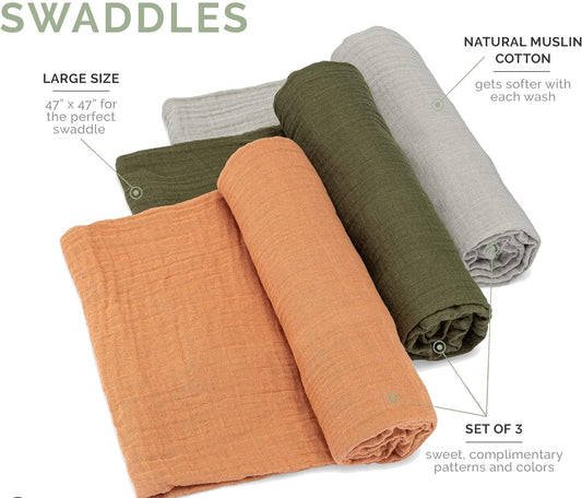 Parker Baby Swaddle Blankets - 3 Pack of 100% Cotton Muslin Swaddle Blankets for Baby Boys and Girls - Unisex/Gender Neutral - Estes Set