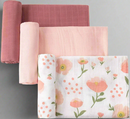 3 Pack Muslin Swaddle Blankets Solid Colors, Large 47 X 47 Inches Muslin Blankets for Girls & Boys, Baby Receiving Blankets, Newborn Gifts (Solid Floral)
