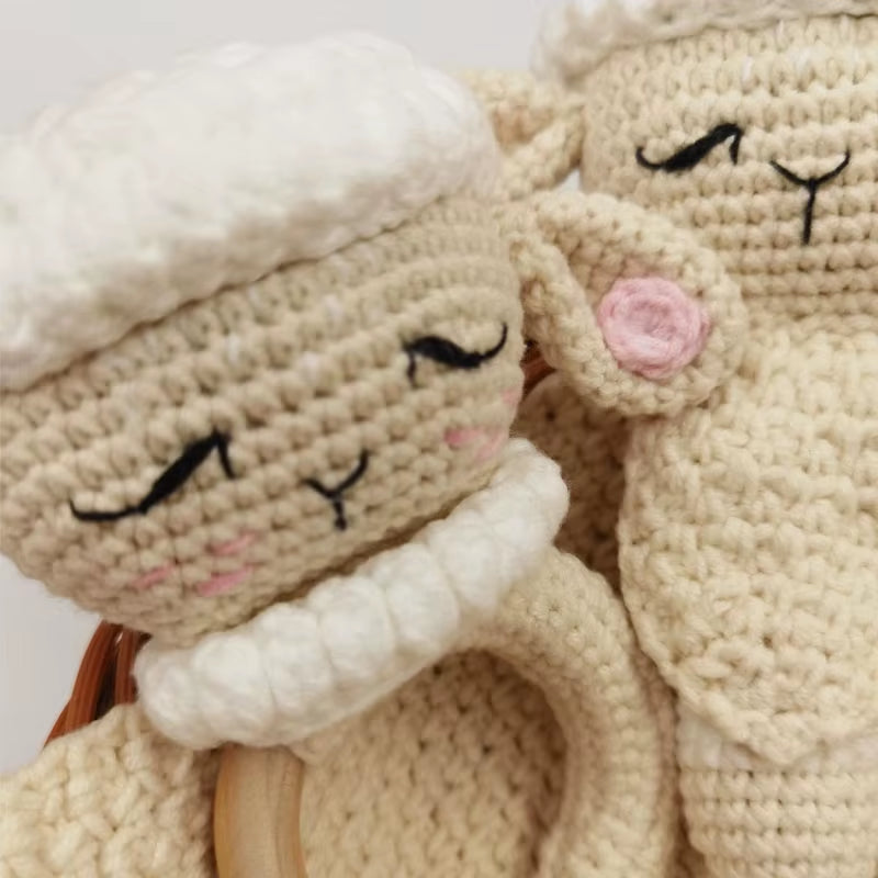 Crochet Sheep Rabbite Toy Set Comfort Towel Baby Rattle Biting Ring Handmade Baby Teething Ring Stuffed Plush Toys Gifts