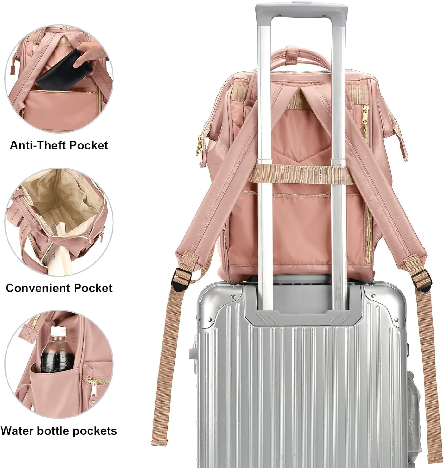Leather Backpack Diaper Bag Laptop Travel Doctor Teacher Bag for Women Man (Tan Pink II)