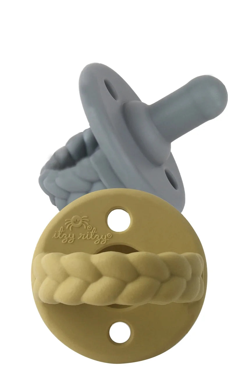 Sweetie Soother Pacifier Set of 2 - Silicone Newborn Pacifiers with Collapsible Handle & Two Air Holes for Added Safety; Set of 2 in Dark Gray & Yellow, Ages Newborn & Up