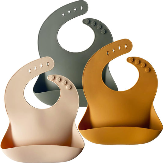 Silicone Bibs Set of 3, BPA Free Soft Adjustable Fit Waterproof Feeding Bibs for Babies and Toddlers(Cream/Buck/Olive Green)